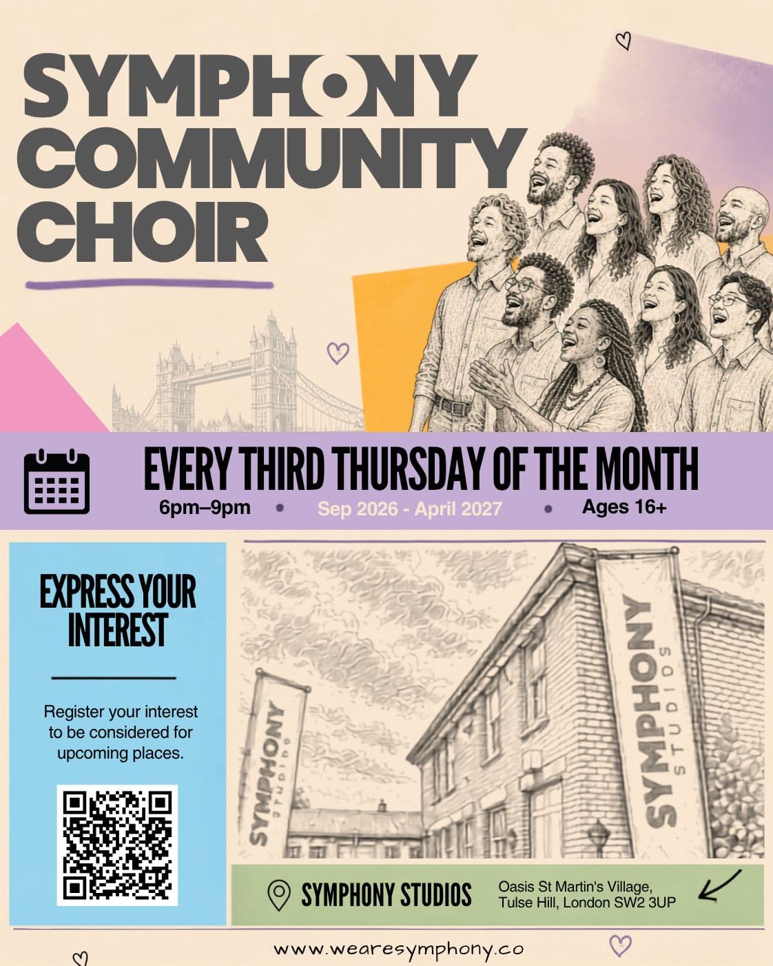 Symphony Community Choir. Every third Thursday, 6pm–9pm, September 2026 to April 2027. Ages 16+. Register your interest for upcoming places at Symphony Studios, Oasis St Martin’s Village, Tulse Hill, London SW2 3UP.
