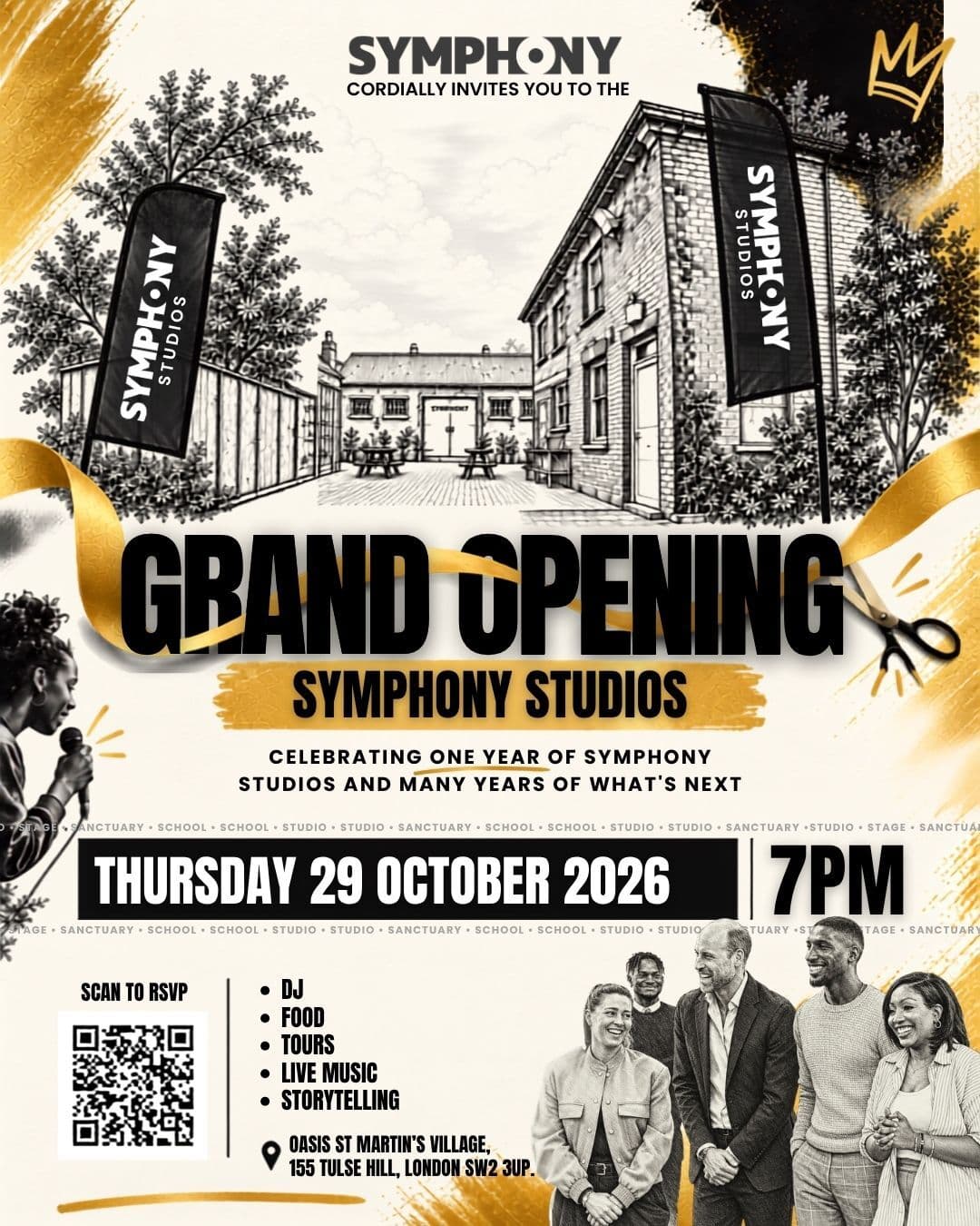 Symphony Studios Grand Opening invitation. Thursday 29 October 2026 at 7pm, Oasis St Martin’s Village, 155 Tulse Hill, London SW2 3UP. DJ, food, tours, live music and storytelling.