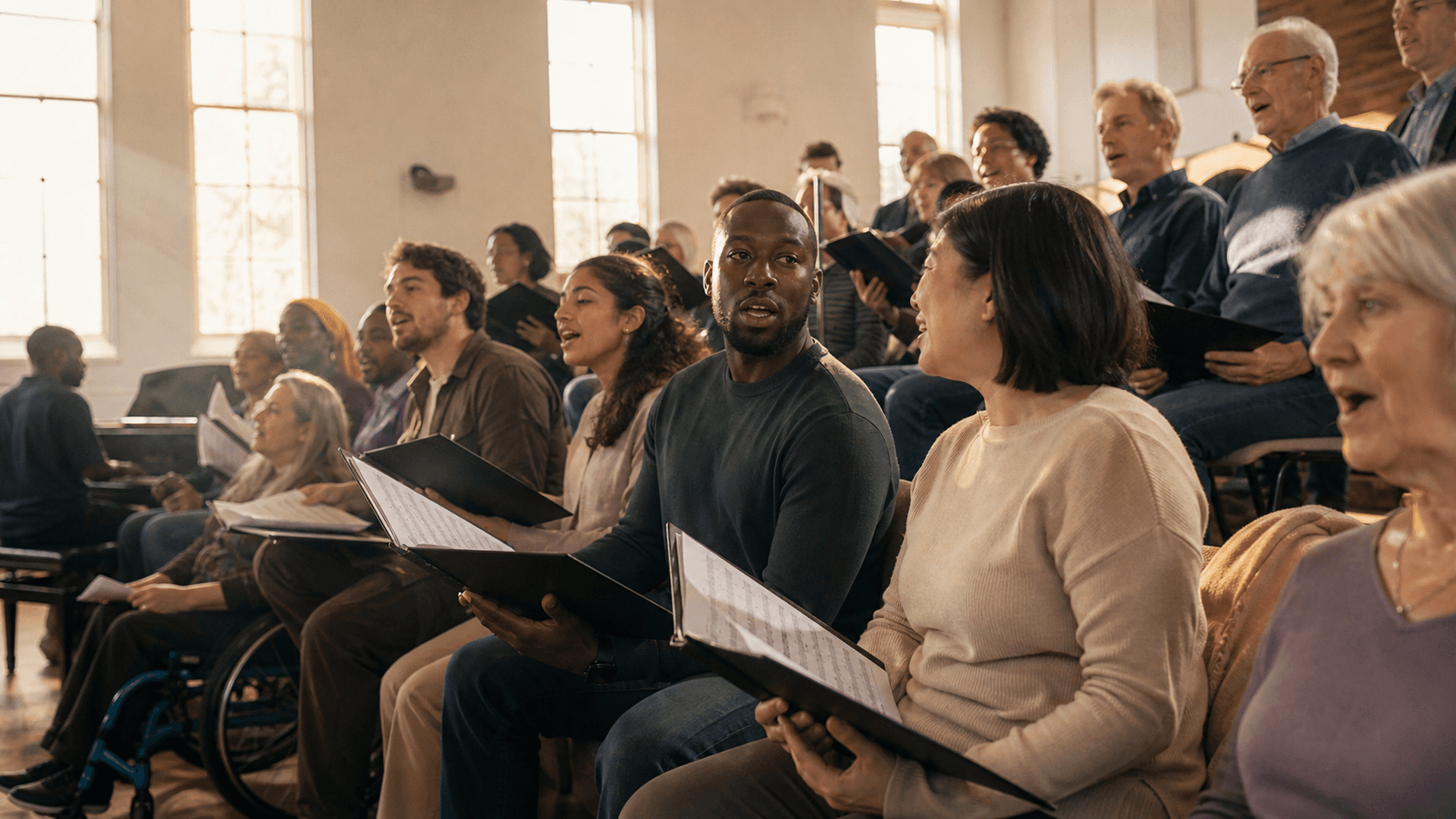 A diverse multigenerational community choir rehearsing together