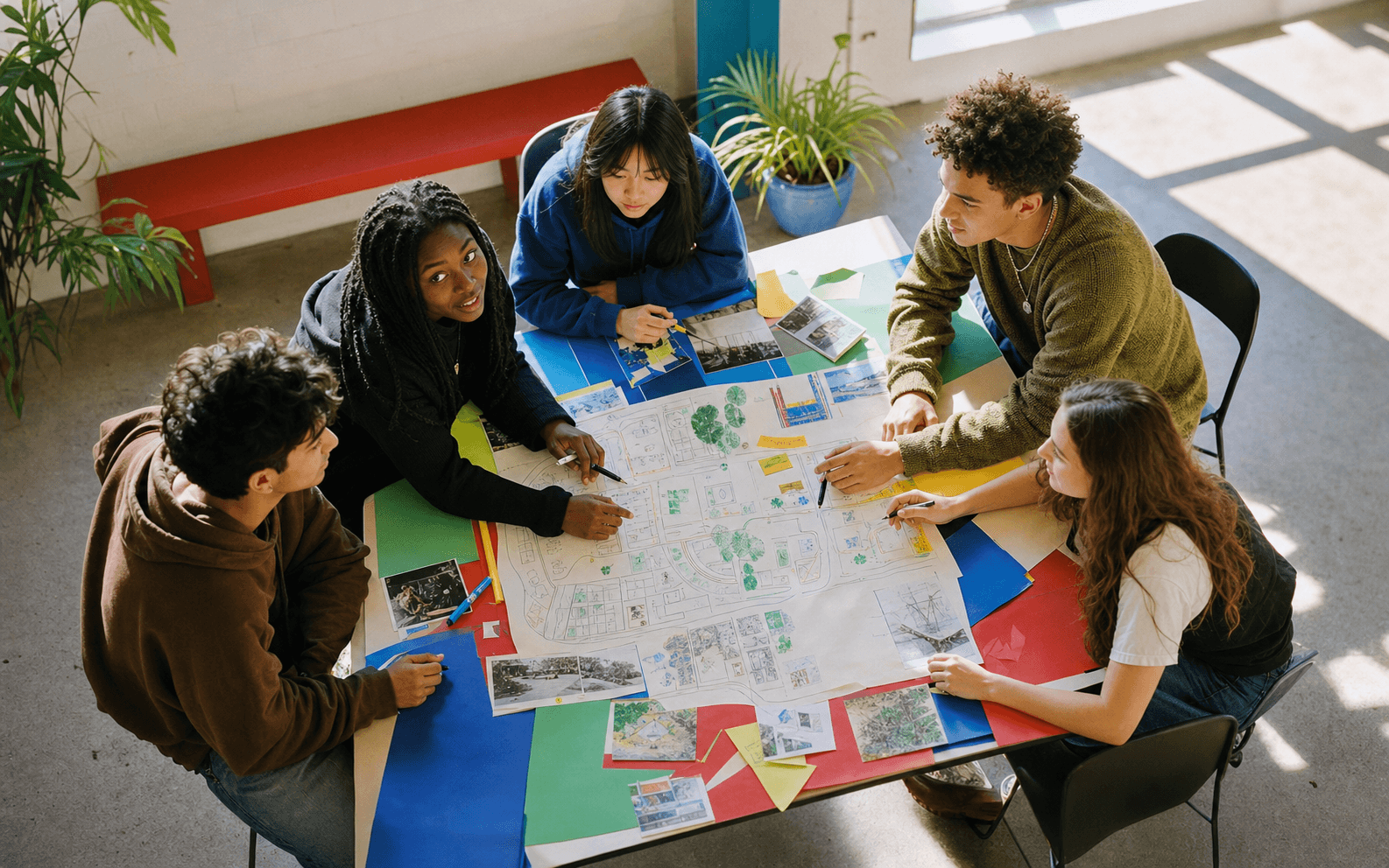 A diverse group of young people planning a community project together