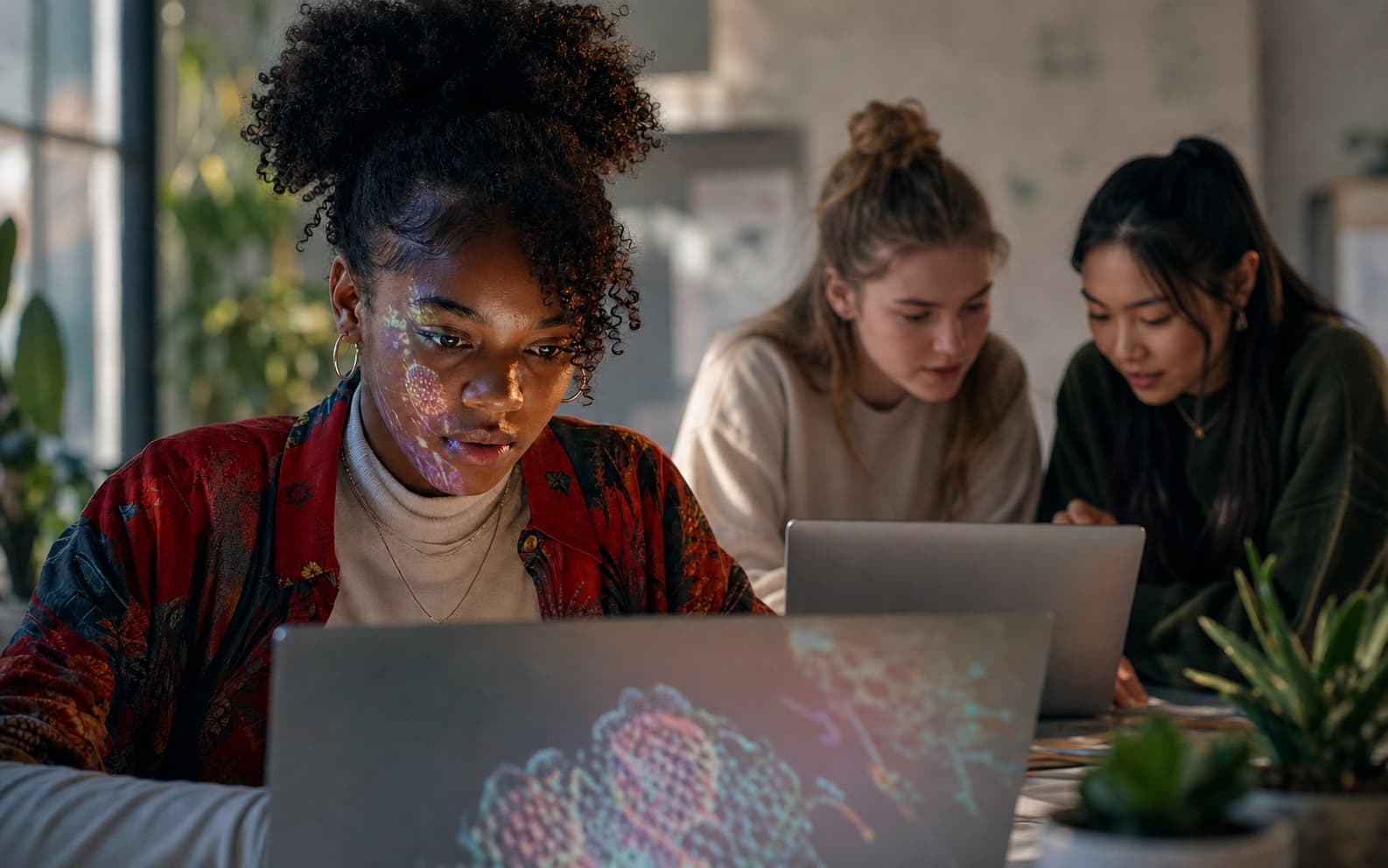 Black, white and East Asian students developing an AI project