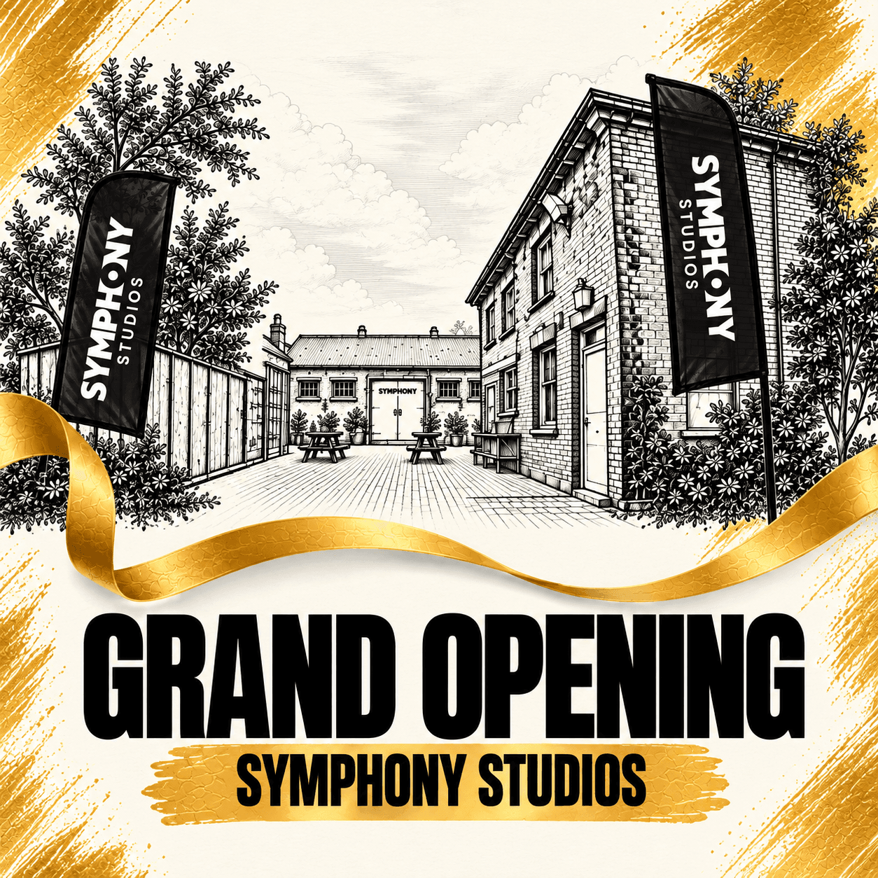 Symphony Studios courtyard with gold ribbons and Grand Opening title