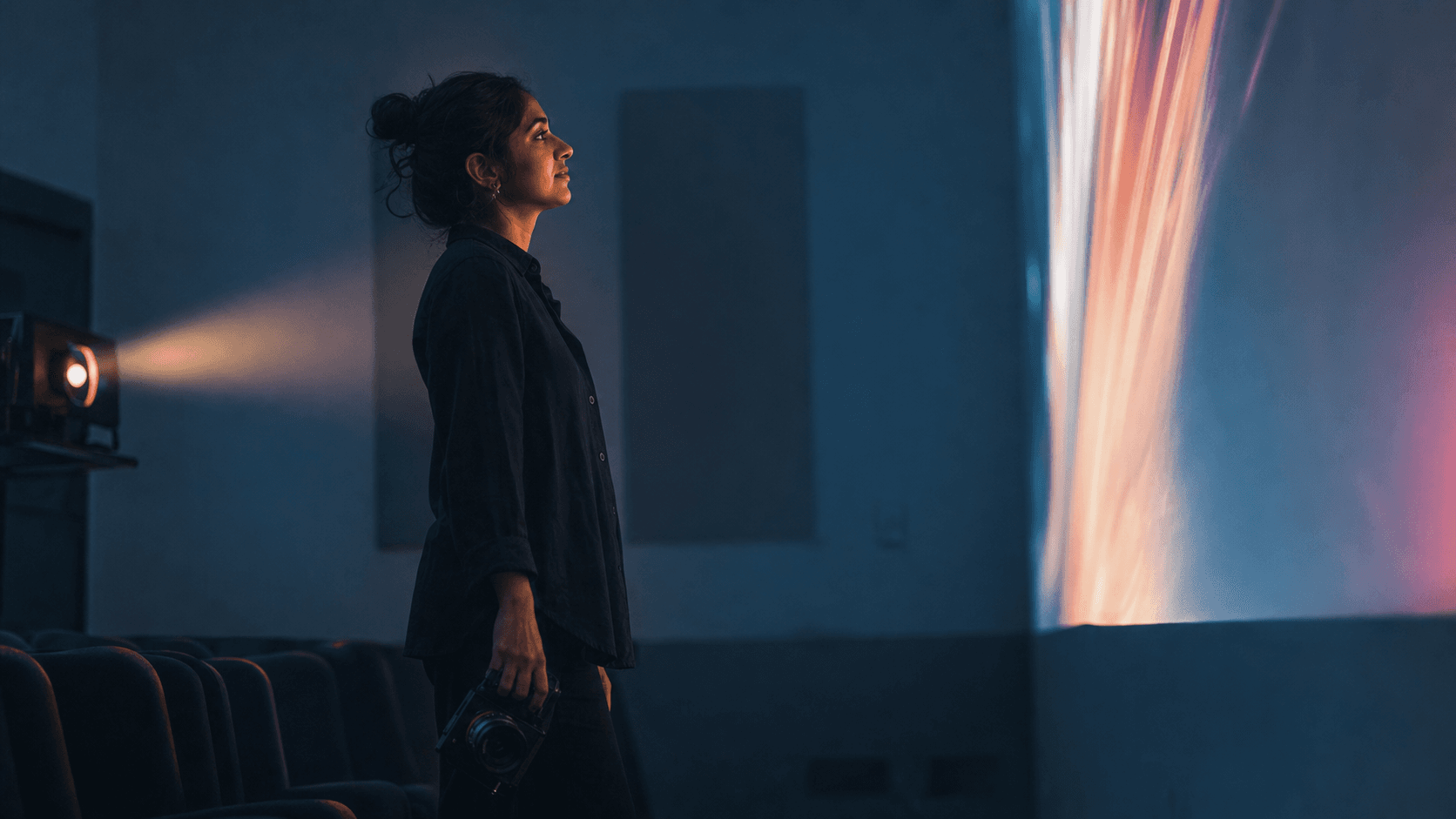 A filmmaker watching projected light in an independent screening room