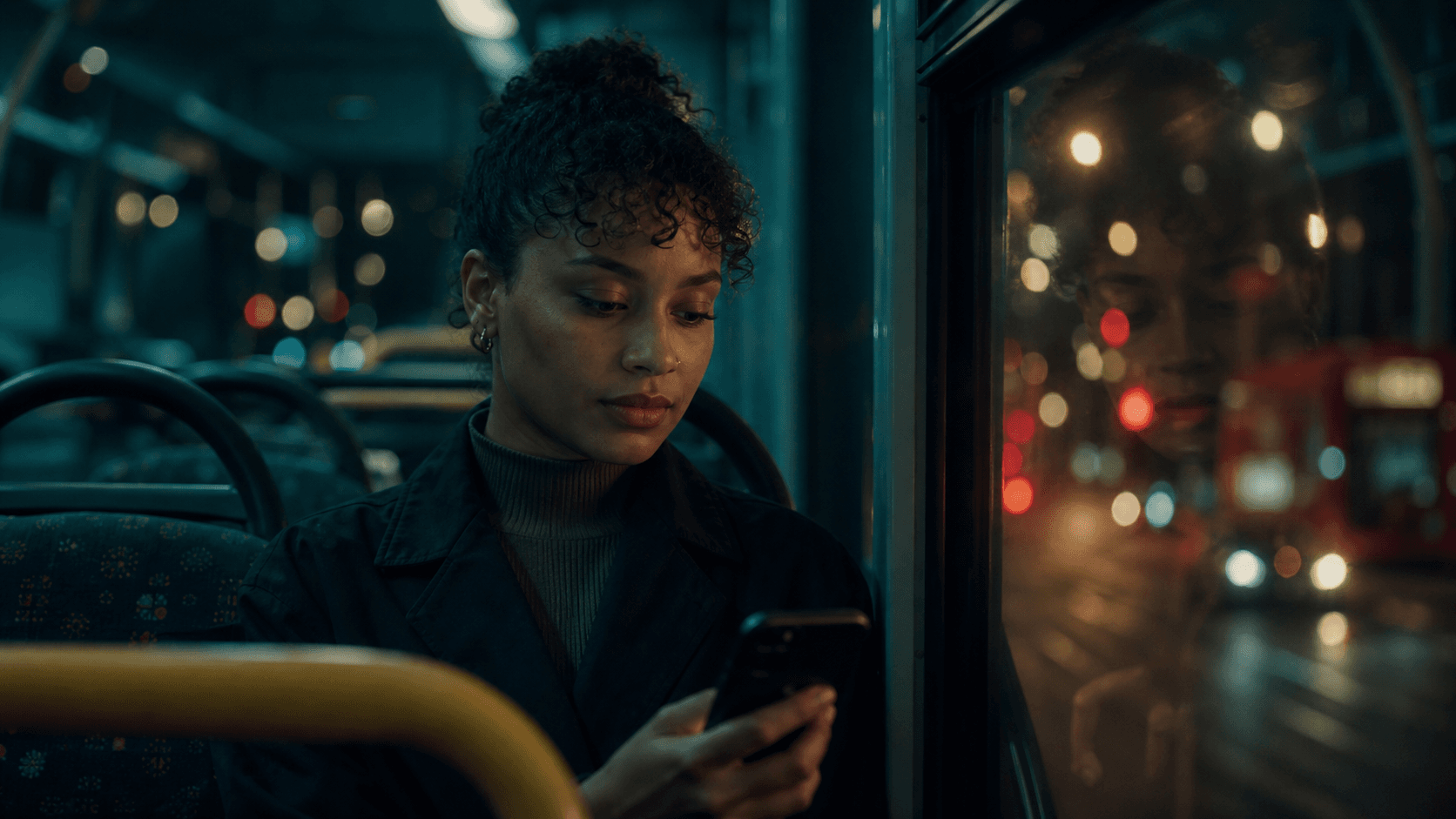 A supporter using her phone on a London bus at night