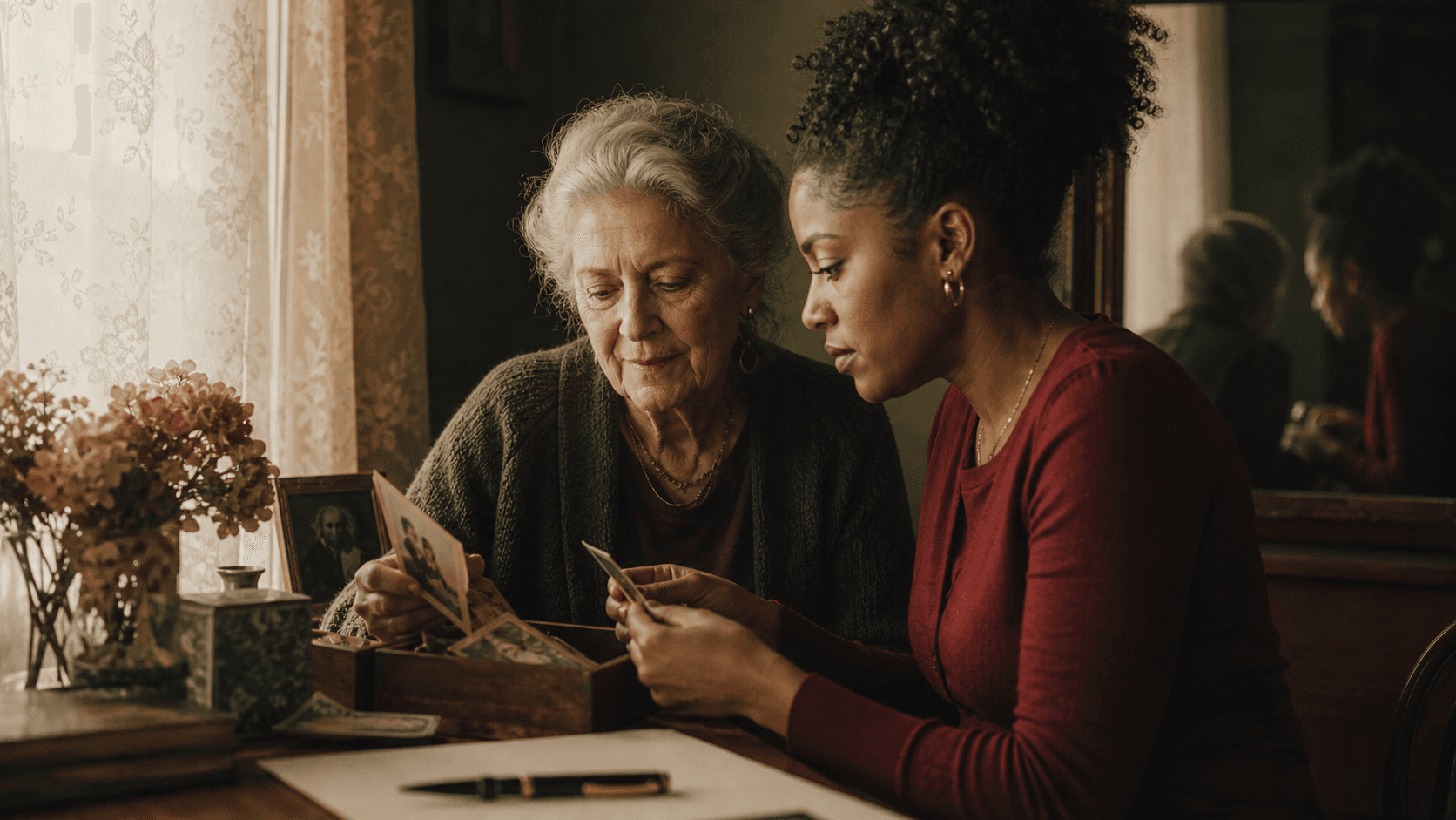 Two generations reflecting together over family photographs