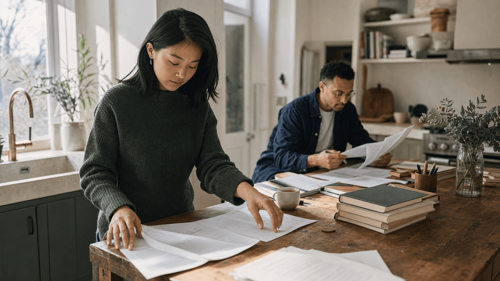 An author and editor working through a manuscript in a publishing kitchen