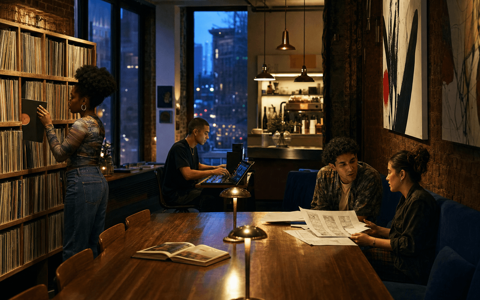 Young members creating music and media in a New York club lounge
