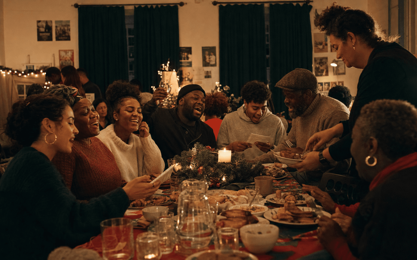 A diverse community singing carols around a Christmas dinner table