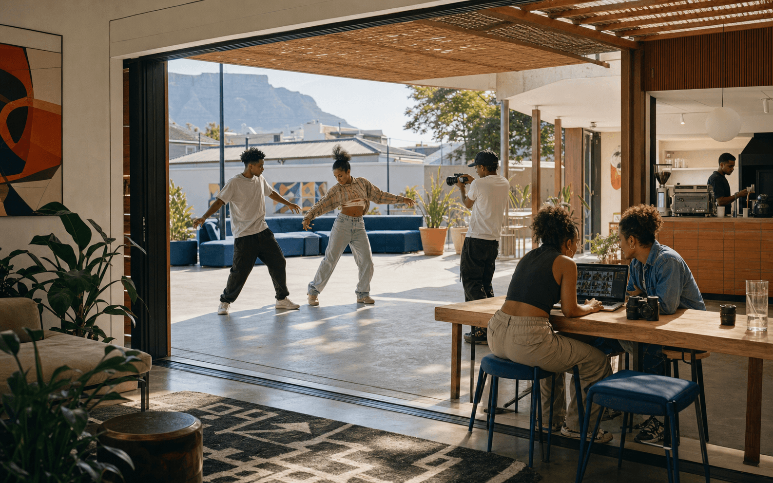 Young members dancing and editing media in a Cape Town clubhouse