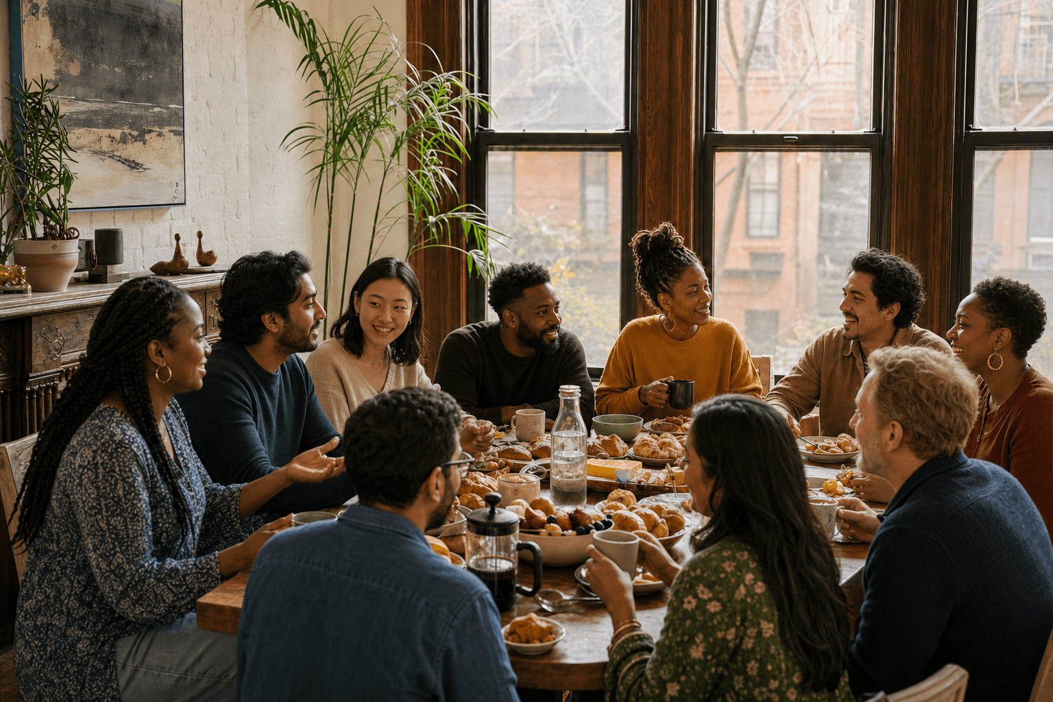 An ethnically diverse group sharing breakfast in a New York brownstone